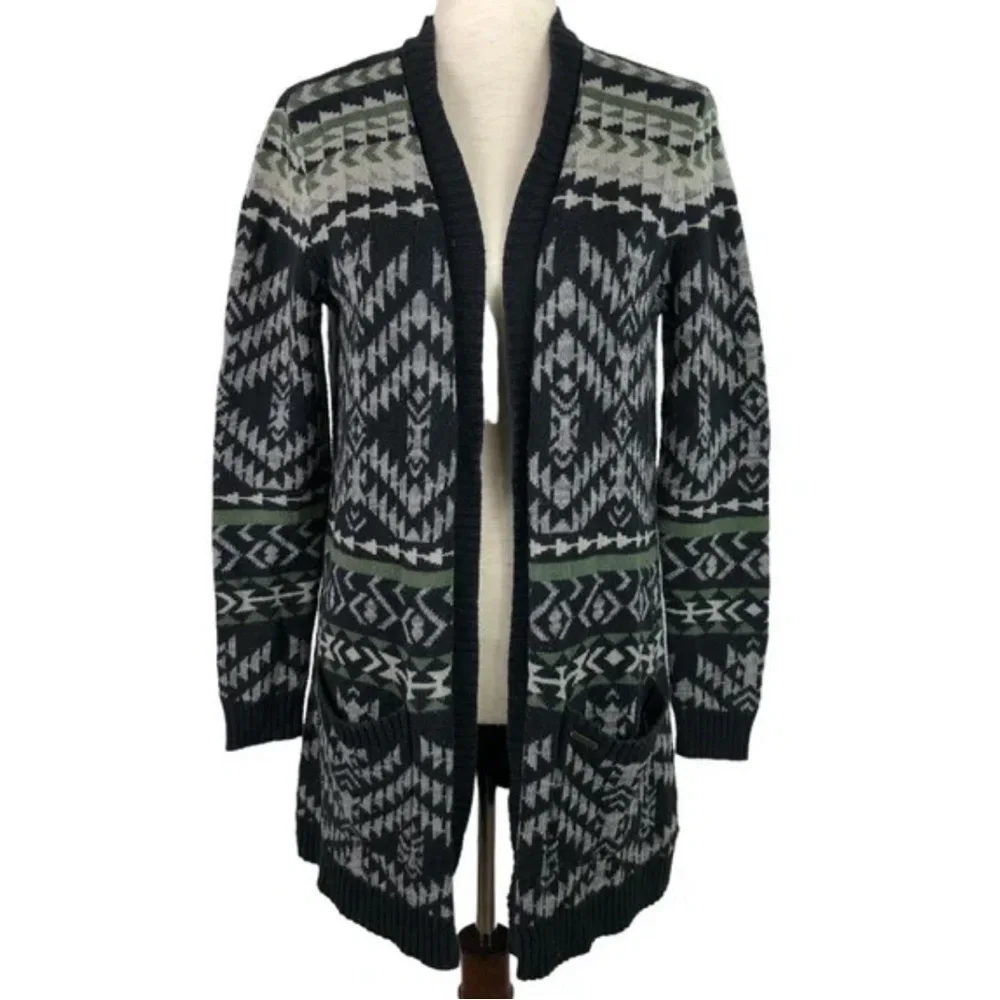 Roxy Aztec Tribal Print Long Line Open Front Boyfriend Cardigan - Green Black